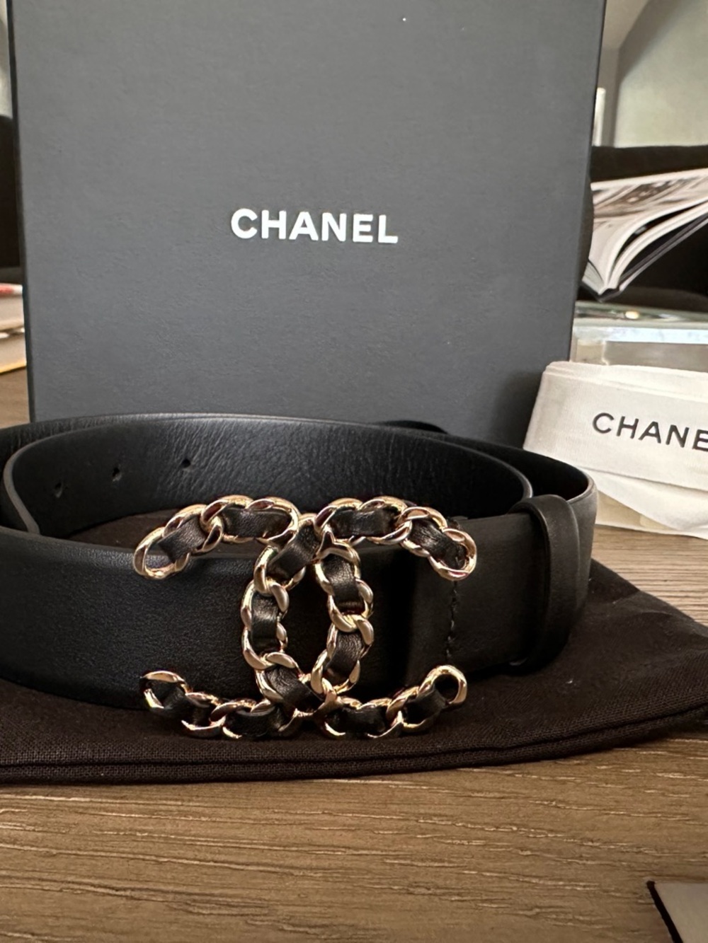 CHANEL Black Leather Belt with Gold-Tone Interwoven CC Buckle